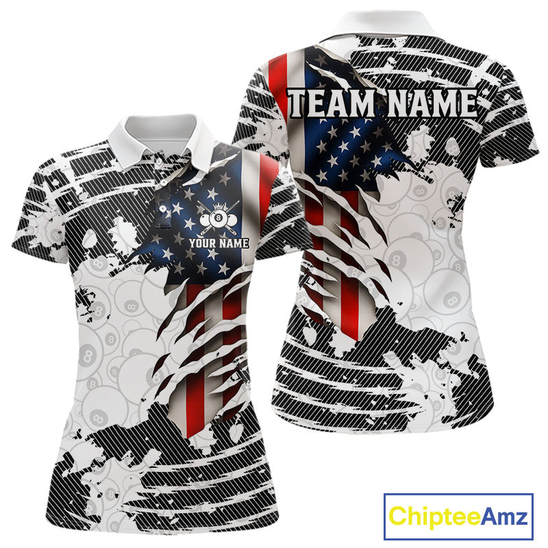 US Flag 8 Ball Women Billiard Team Shirt Custom Patriotic Pool Polo & 1/4-Zip Billiard Attire NYN2378