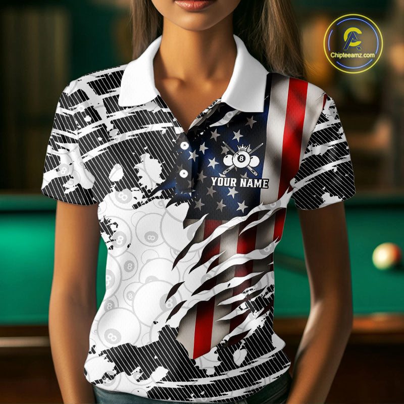 US Flag 8 Ball Women Billiard Team Shirt Custom Patriotic Pool Polo & 1/4-Zip Billiard Attire NYN2378