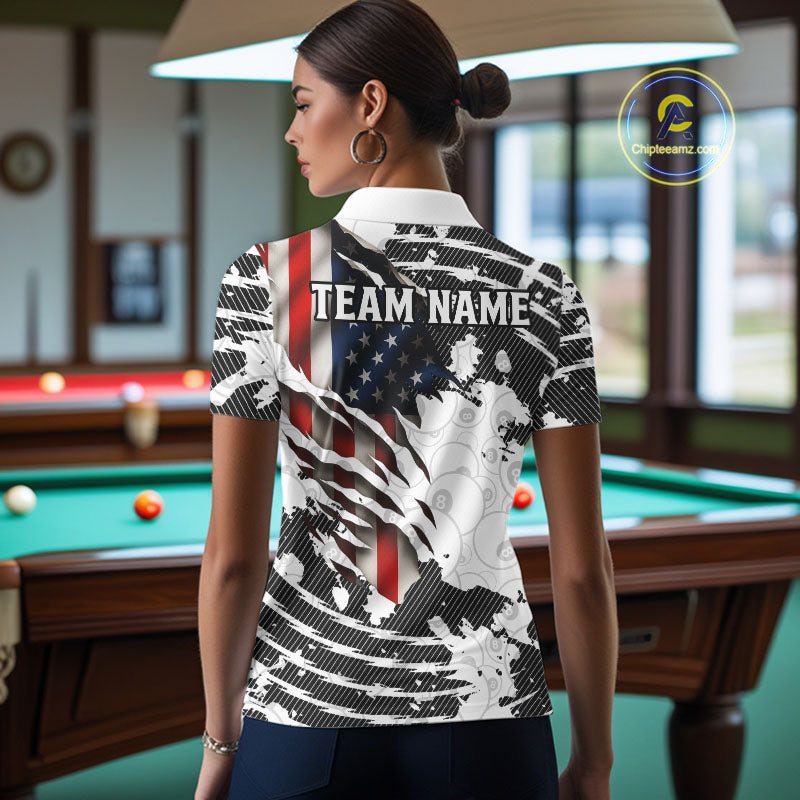 US Flag 8 Ball Women Billiard Team Shirt Custom Patriotic Pool Polo & 1/4-Zip Billiard Attire NYN2378