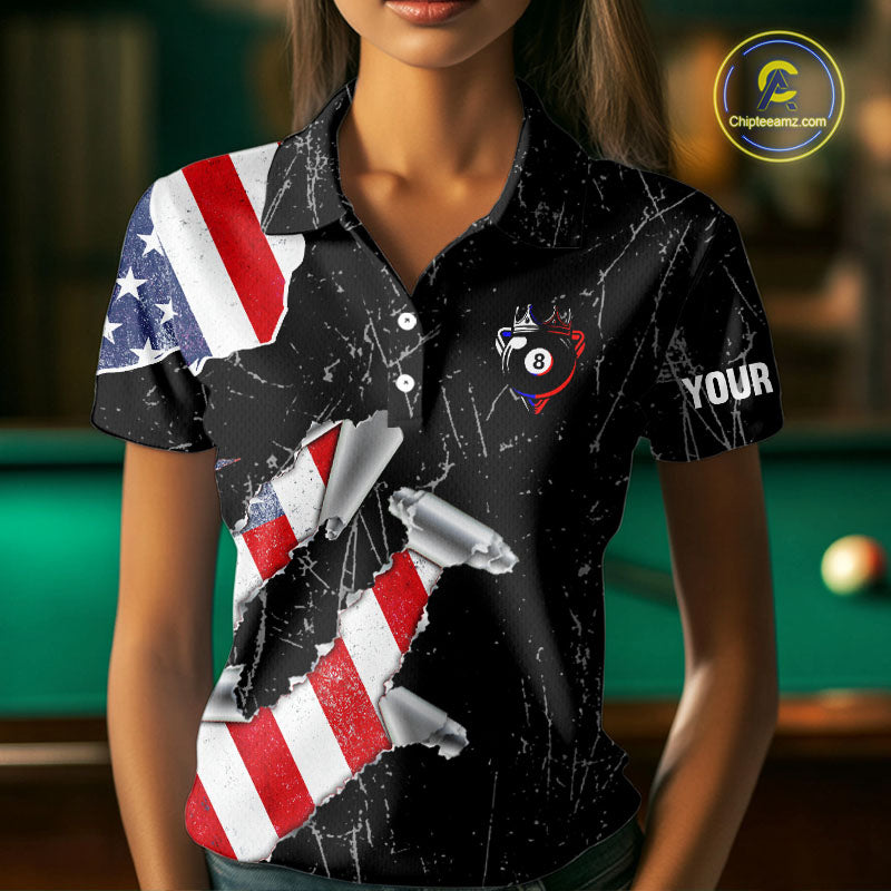 Torn US Flag Grunge Pool 8 Ball Women Billiard Team Shirt Custom Polo & 1/4-Zip Billiard Attire NYN2379