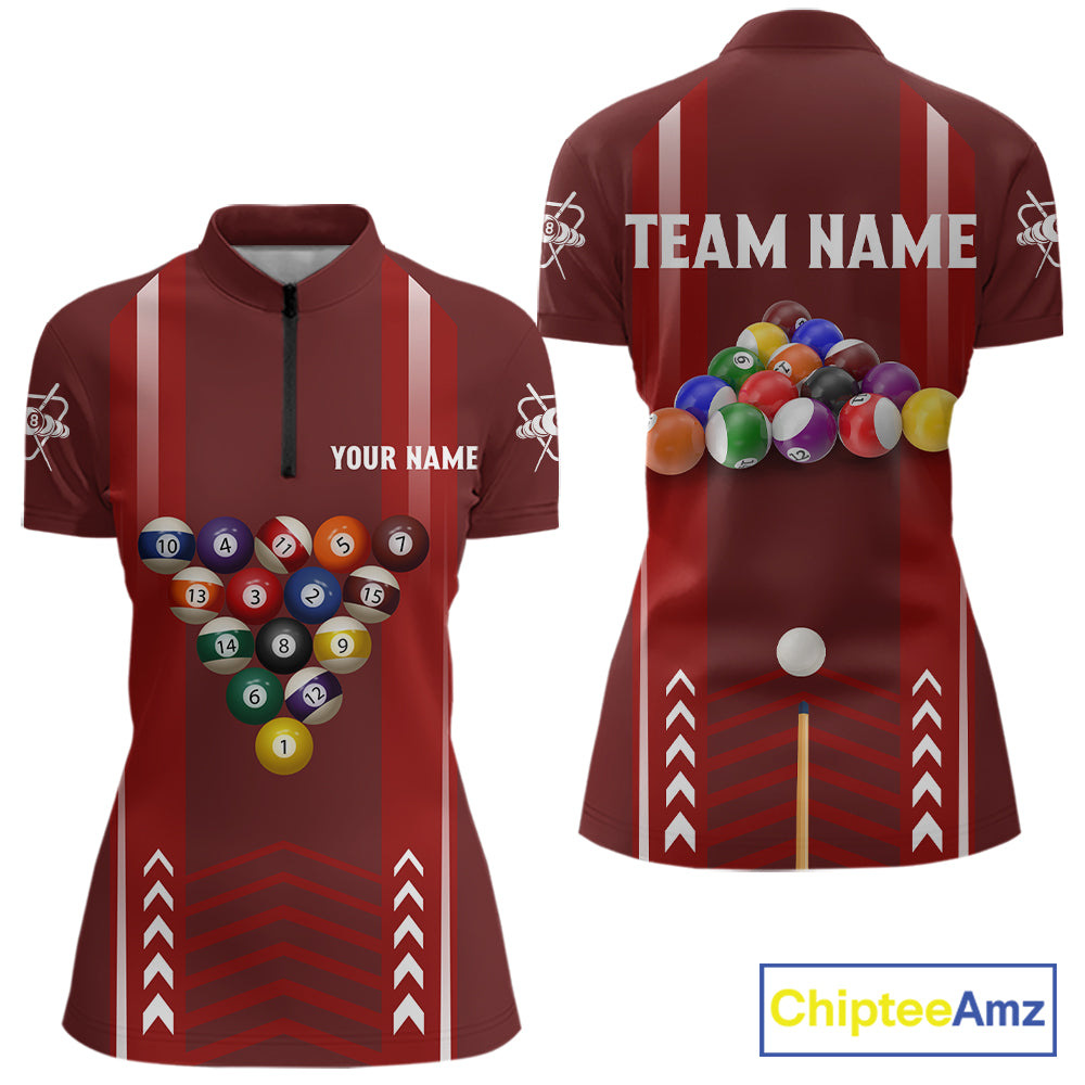 Personalized Red Ball Billiard  Polo & 1/4 Zip Shirt For Women Custom Pool Team Shirt Billiard Jersey NYN2981