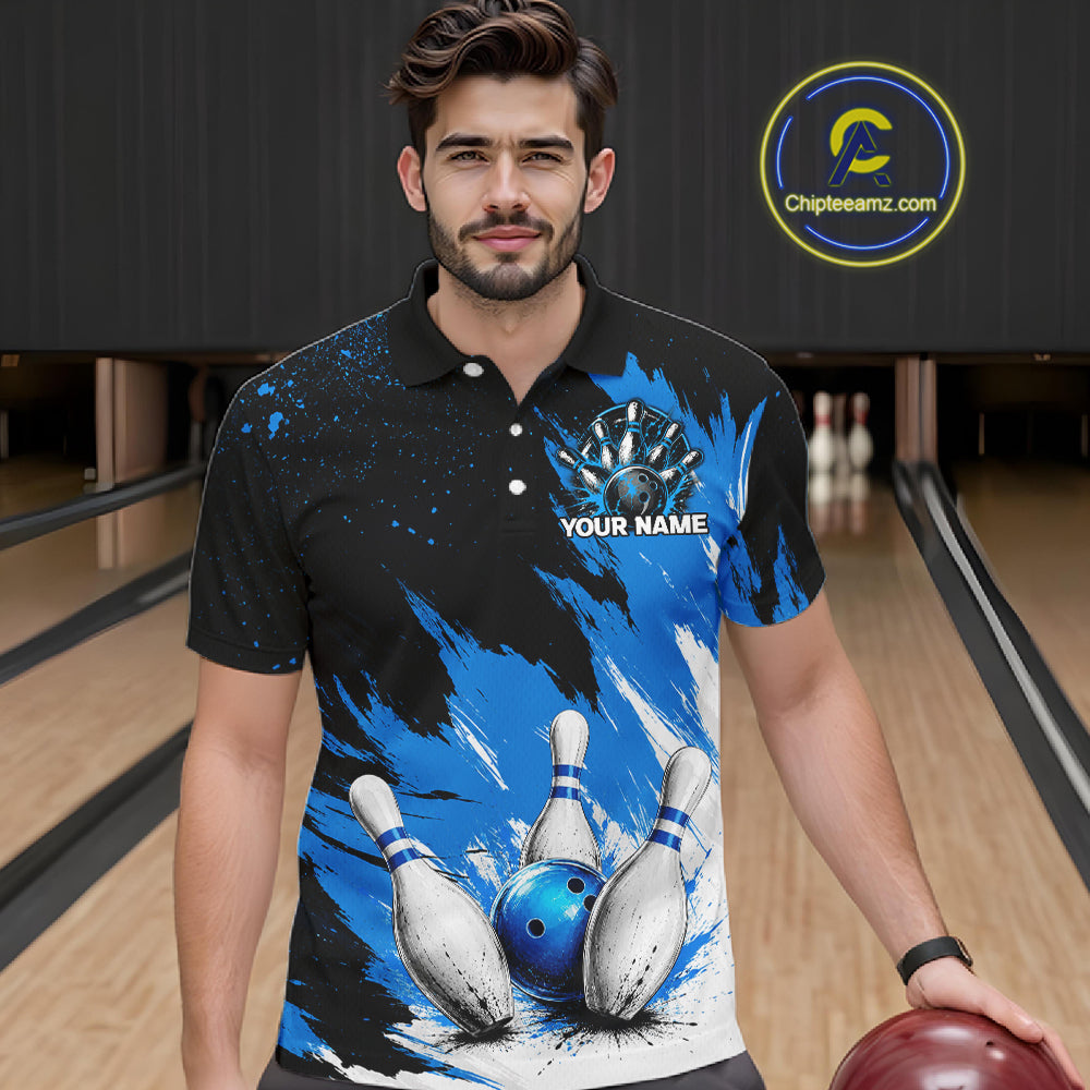 Black, White & Blue Splatter Mens Bowling Shirt Custom Grunge Polo Quarter-Zip Bowling Team Jersey NYN3682