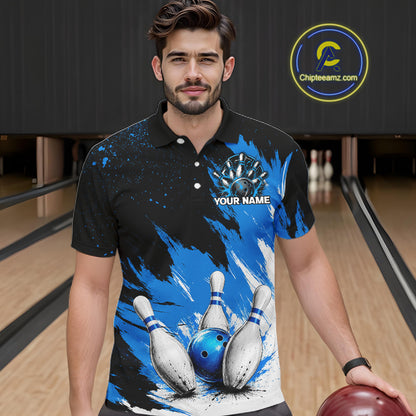 Black, White & Blue Splatter Mens Bowling Shirt Custom Grunge Polo Quarter-Zip Bowling Team Jersey NYN3682