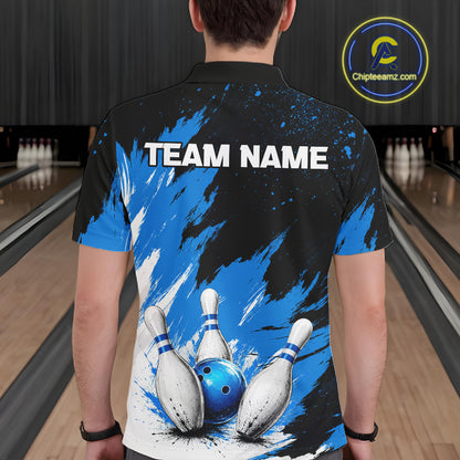 Black, White & Blue Splatter Mens Bowling Shirt Custom Grunge Polo Quarter-Zip Bowling Team Jersey NYN3682