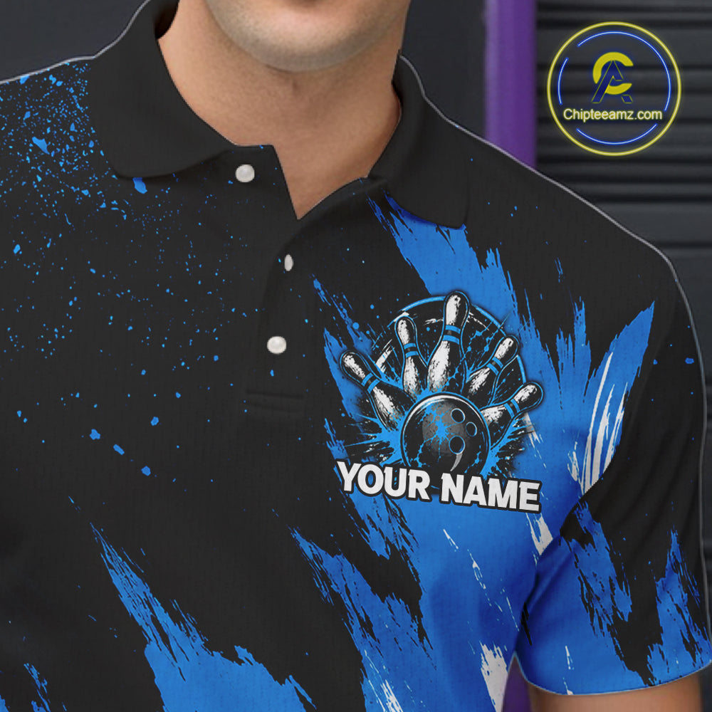 Black, White & Blue Splatter Mens Bowling Shirt Custom Grunge Polo Quarter-Zip Bowling Team Jersey NYN3682