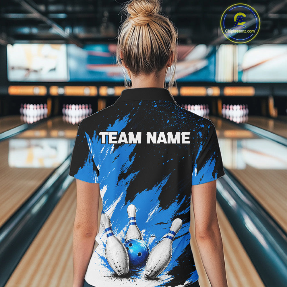 Black, White & Blue Splatter Women Bowling Shirt Custom Grunge Polo Quarter-Zip Bowling Team Jersey NYN3682
