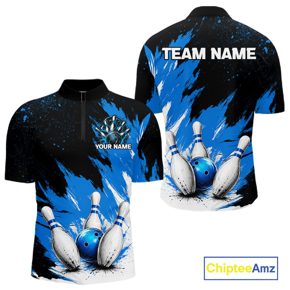Black, White & Blue Splatter Mens Bowling Shirt Custom Grunge Polo Quarter-Zip Bowling Team Jersey NYN3682
