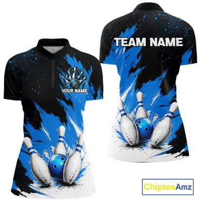Black, White & Blue Splatter Women Bowling Shirt Custom Grunge Polo Quarter-Zip Bowling Team Jersey NYN3682