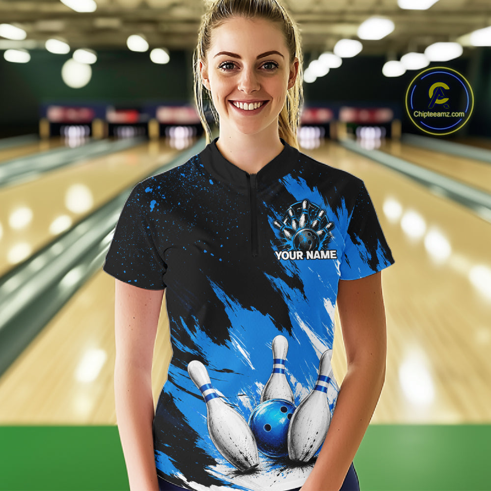 Black, White & Blue Splatter Women Bowling Shirt Custom Grunge Polo Quarter-Zip Bowling Team Jersey NYN3682