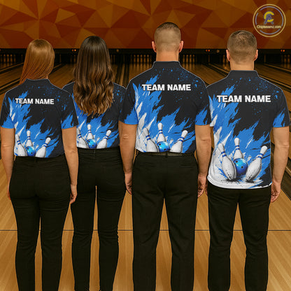 Black, White & Blue Splatter Mens Bowling Shirt Custom Grunge Polo Quarter-Zip Bowling Team Jersey NYN3682