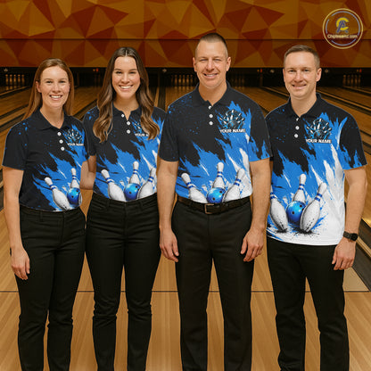 Black, White & Blue Splatter Mens Bowling Shirt Custom Grunge Polo Quarter-Zip Bowling Team Jersey NYN3682