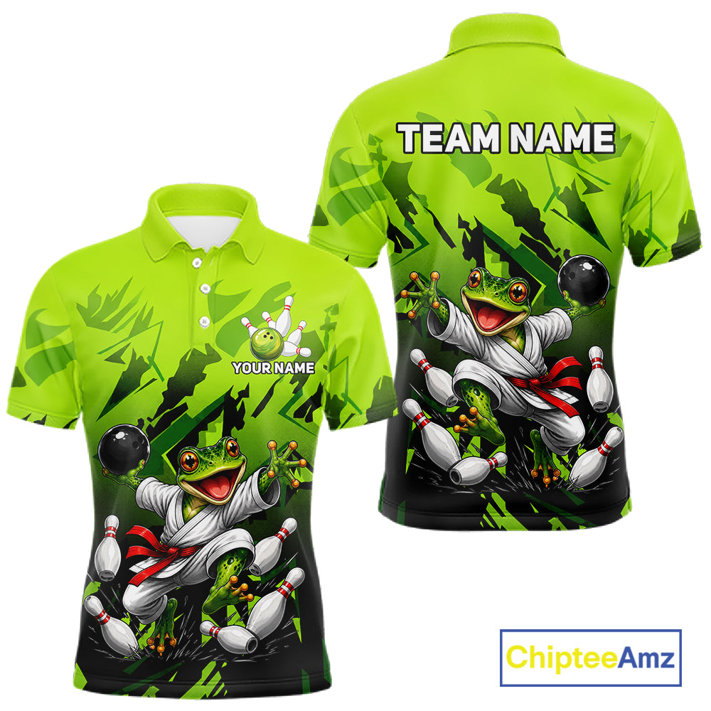 Funny Frog Bowling Ball And Pins Shirt For Men Custom Green Polo Quarter-Zip Bowling Team Attire NYN3685