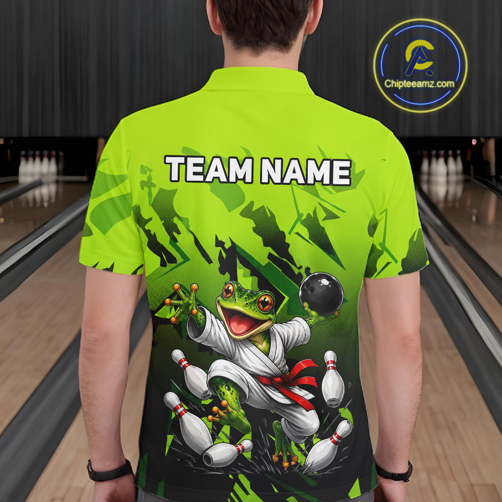 Funny Frog Bowling Ball And Pins Shirt For Men Custom Green Polo Quarter-Zip Bowling Team Attire NYN3685