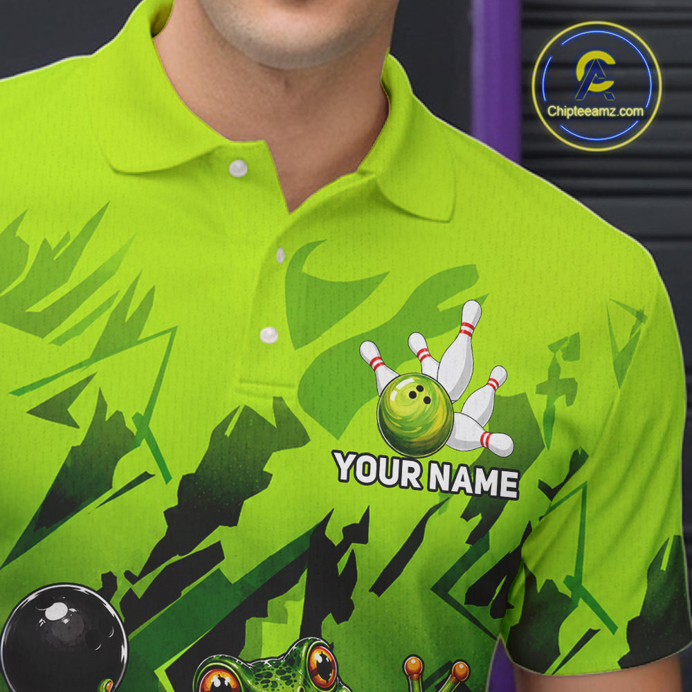 Funny Frog Bowling Ball And Pins Shirt For Men Custom Green Polo Quarter-Zip Bowling Team Attire NYN3685