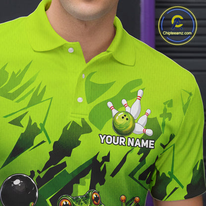 Funny Frog Bowling Ball And Pins Shirt For Men Custom Green Polo Quarter-Zip Bowling Team Attire NYN3685