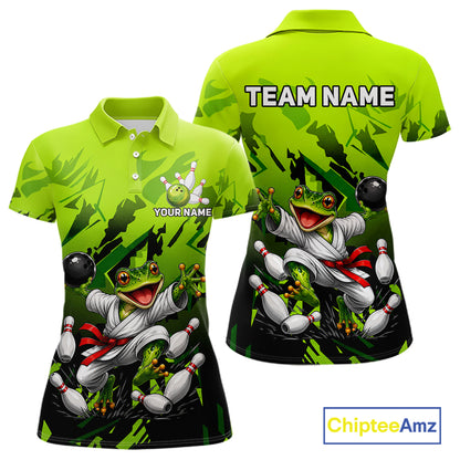 Funny Frog Bowling Ball And Pins Shirt For Women Custom Green Polo Quarter-Zip Bowling Team Attire NYN3685