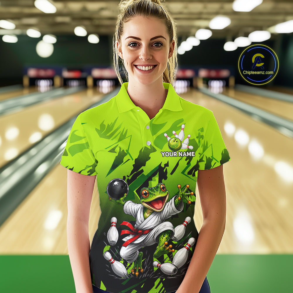Funny Frog Bowling Ball And Pins Shirt For Women Custom Green Polo Quarter-Zip Bowling Team Attire NYN3685