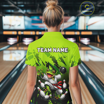 Funny Frog Bowling Ball And Pins Shirt For Women Custom Green Polo Quarter-Zip Bowling Team Attire NYN3685