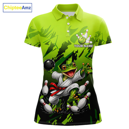Funny Frog Bowling Ball And Pins Shirt For Women Custom Green Polo Quarter-Zip Bowling Team Attire NYN3685