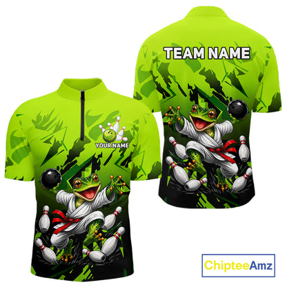 Funny Frog Bowling Ball And Pins Shirt For Men Custom Green Polo Quarter-Zip Bowling Team Attire NYN3685