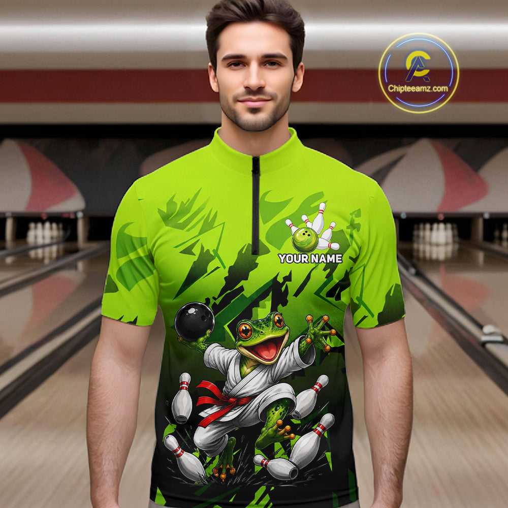 Funny Frog Bowling Ball And Pins Shirt For Men Custom Green Polo Quarter-Zip Bowling Team Attire NYN3685