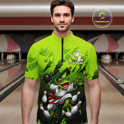 Funny Frog Bowling Ball And Pins Shirt For Men Custom Green Polo Quarter-Zip Bowling Team Attire NYN3685