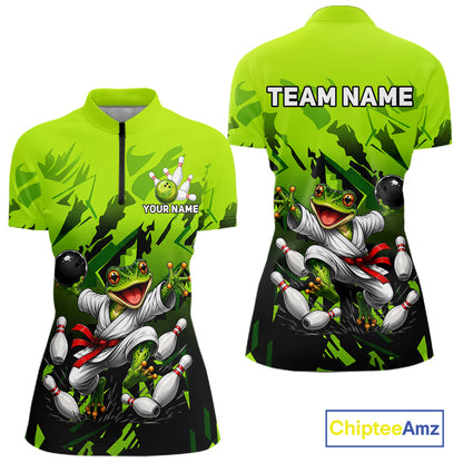 Funny Frog Bowling Ball And Pins Shirt For Women Custom Green Polo Quarter-Zip Bowling Team Attire NYN3685