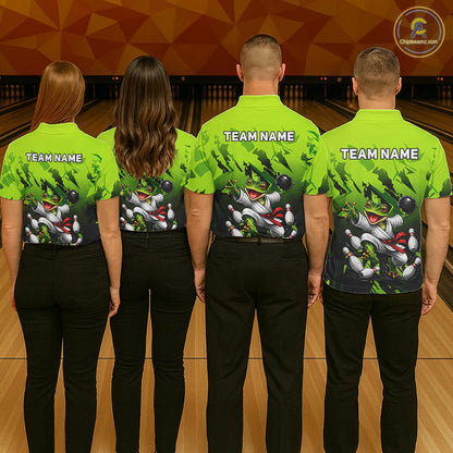 Funny Frog Bowling Ball And Pins Shirt For Women Custom Green Polo Quarter-Zip Bowling Team Attire NYN3685