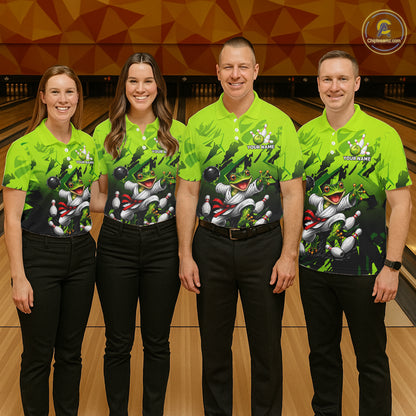 Funny Frog Bowling Ball And Pins Shirt For Women Custom Green Polo Quarter-Zip Bowling Team Attire NYN3685