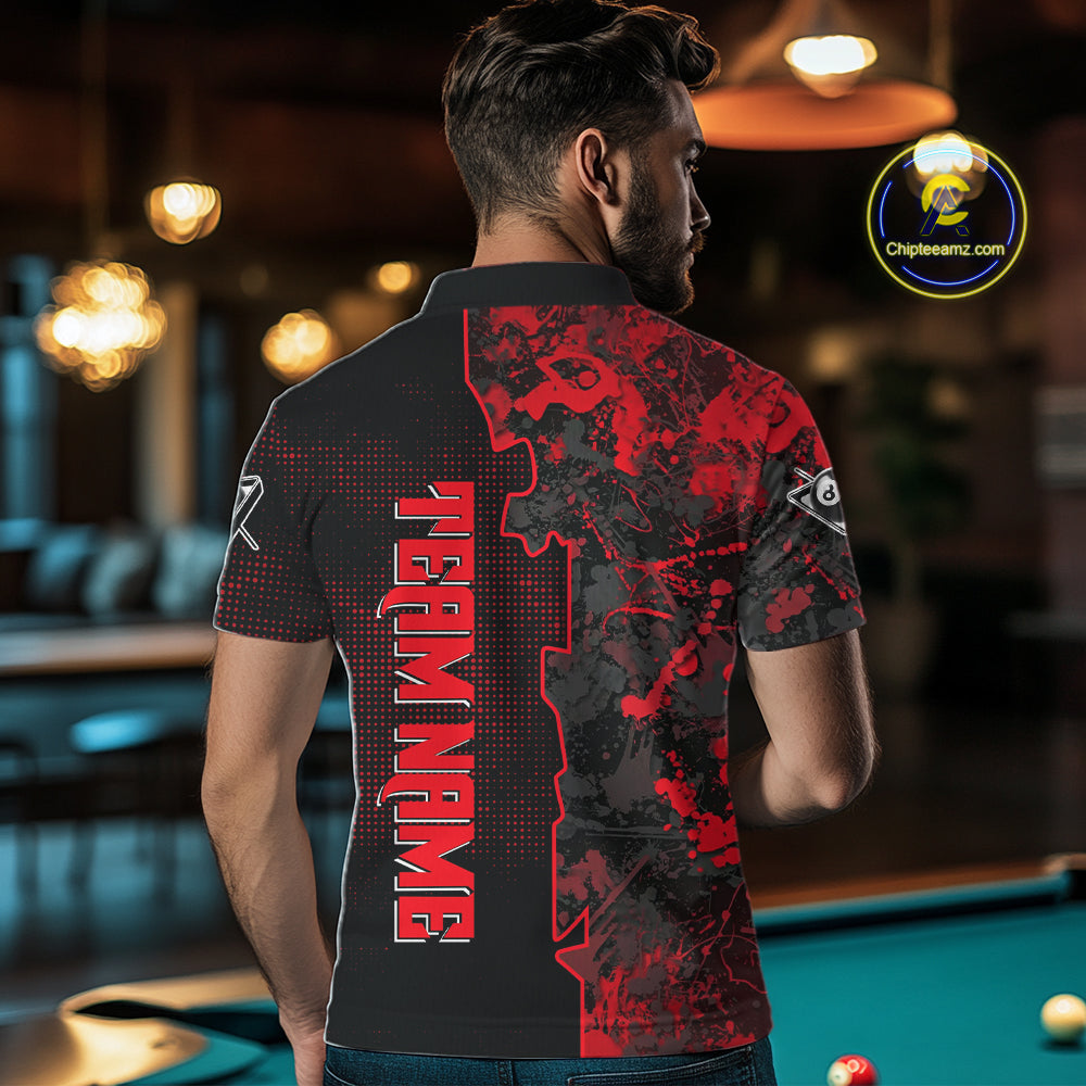 Red Grunge Splatter 8 Ball Pool Men Billiard Polo & 1/4-Zip Shirt Personalized Billiard Gifts NYN2391