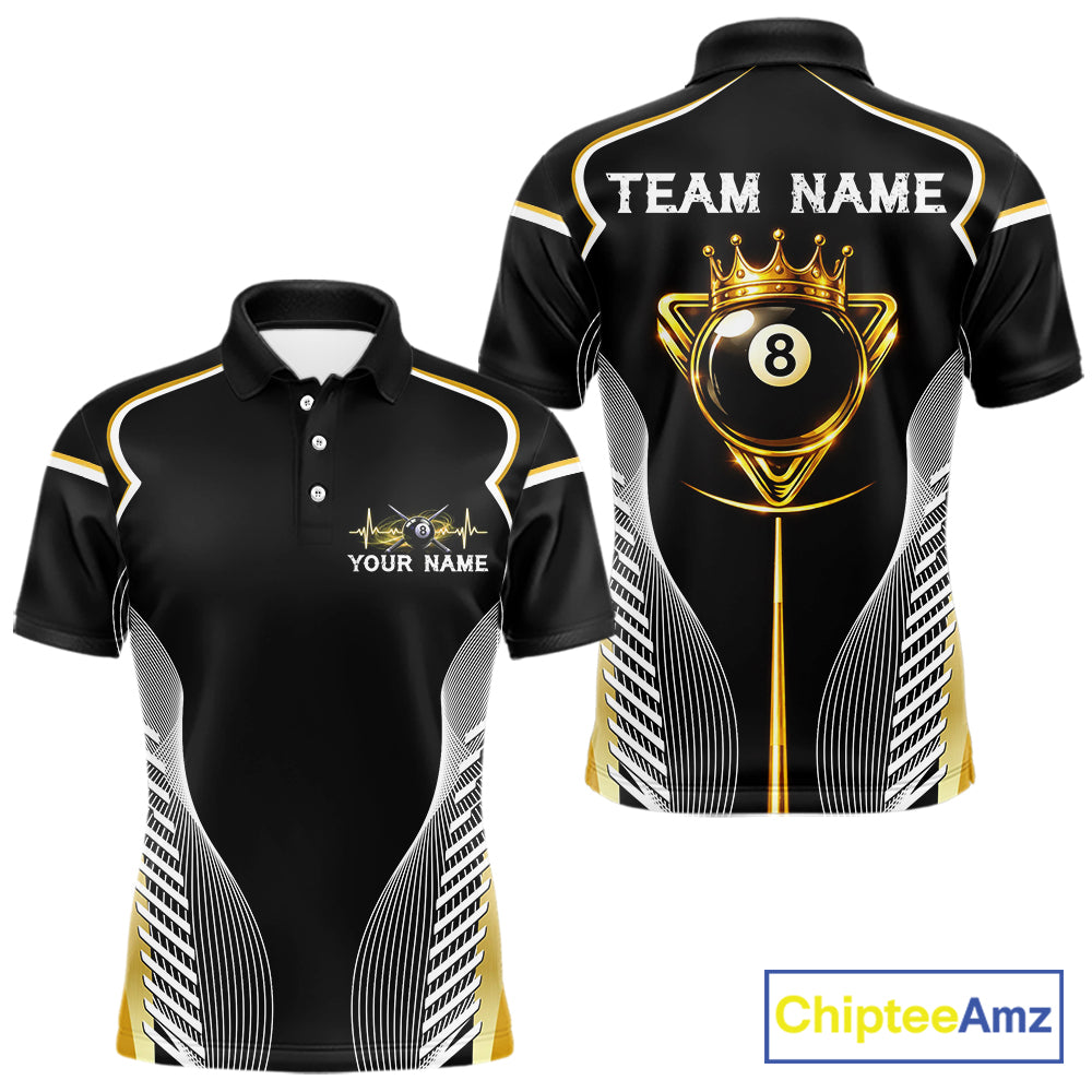 Black & Gold 8 Ball Pool Crown Men Billiard Team Shirt Custom Billiards Balls & Cue Gifts NYN2394
