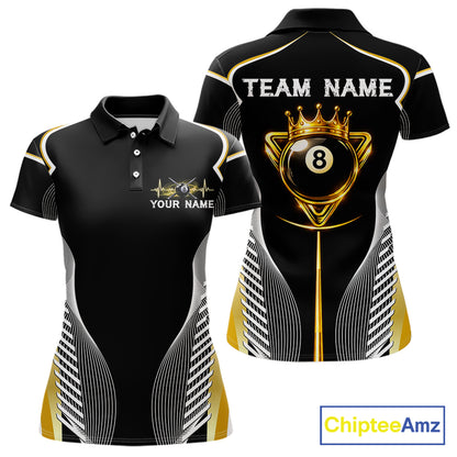 Black & Gold 8 Ball Pool Crown Women Billiard Team Shirt Custom Billiards Balls & Cue Gifts NYN2394