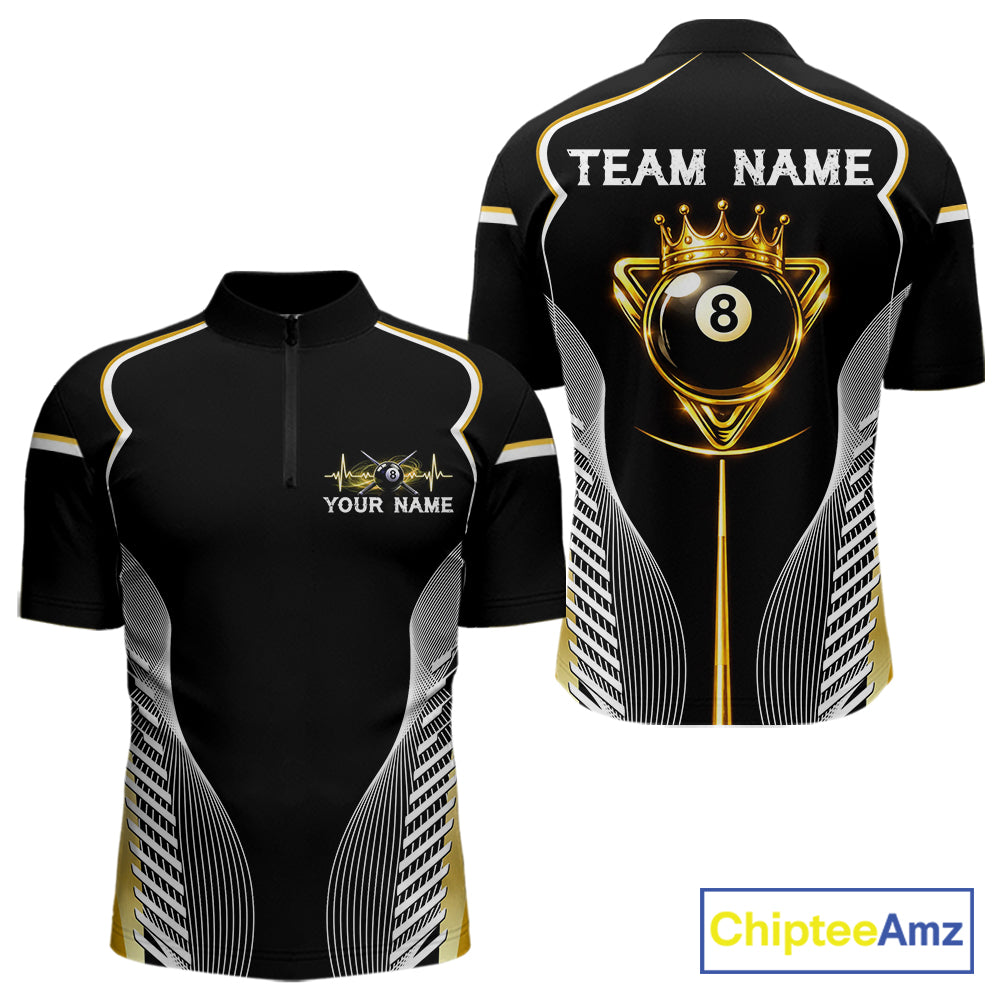 Black & Gold 8 Ball Pool Crown Men Billiard Team Shirt Custom Billiards Balls & Cue Gifts NYN2394