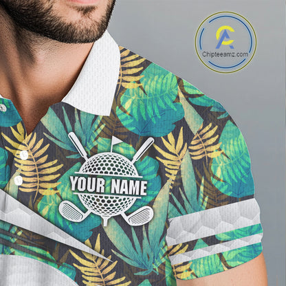Custom Name Green Tropical Pattern Golf Mens Polo Shirt, Best White Ball Golf Clothing For Mens NYN2992