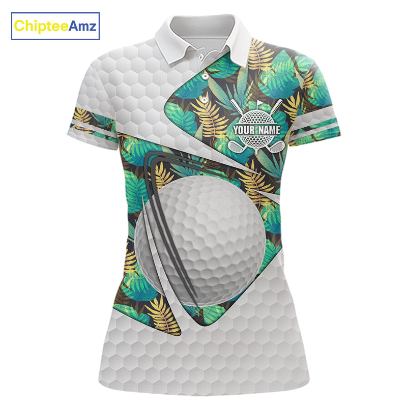 Custom Name Green Tropical Pattern Golf Women Polo Shirt, Best White Ball Golf Clothing For Women NYN2992