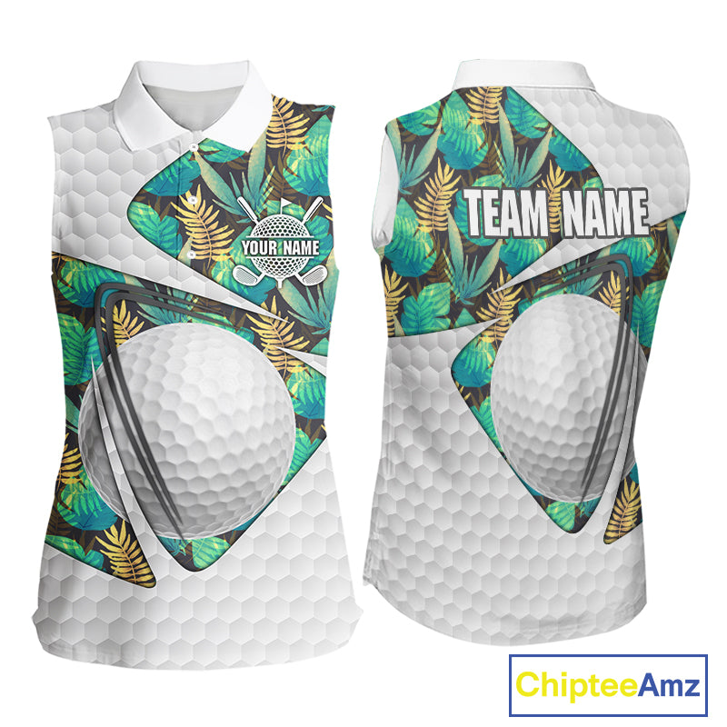 Custom Name Green Tropical Pattern Golf Women Sleeveless Polo Shirt, Best White Ball Golf Clothing For Women NYN2992
