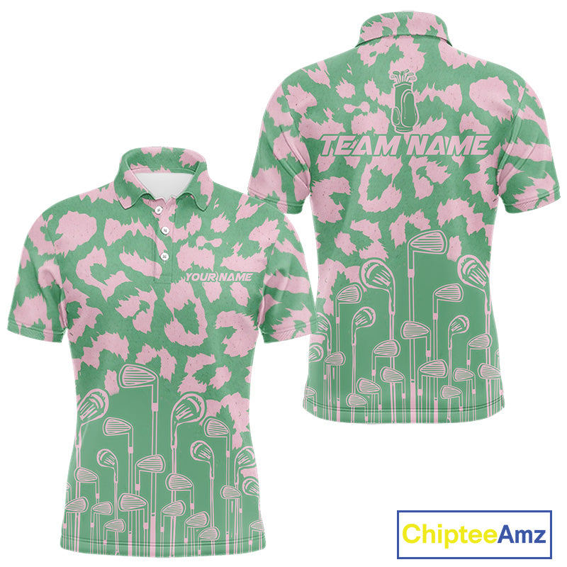 Mens Leopard Pattern Golf Polo Shirts Custom Green Pink Golf Clubs Pattern Attire, Golf Upf Shirts NYN3000