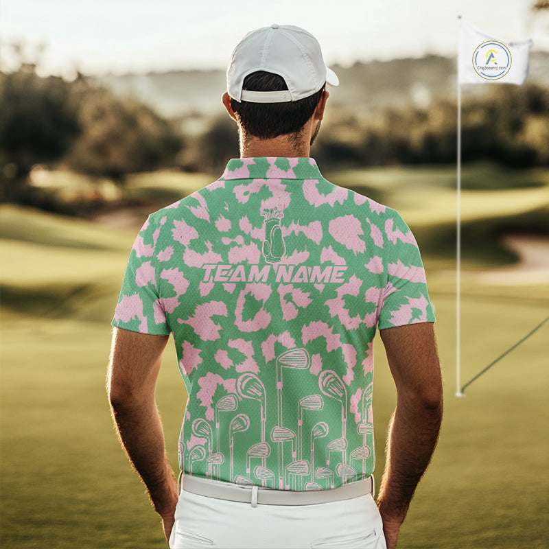 Mens Leopard Pattern Golf Polo Shirts Custom Green Pink Golf Clubs Pattern Attire, Golf Upf Shirts NYN3000