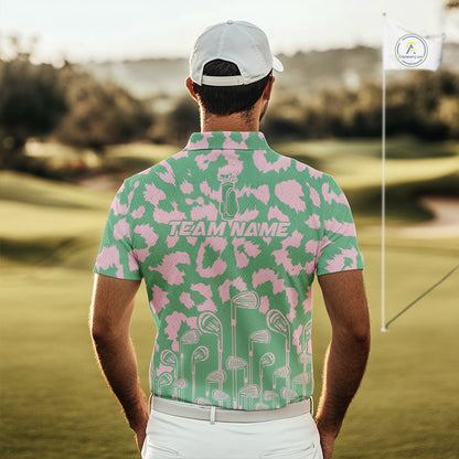 Mens Leopard Pattern Golf Polo Shirts Custom Green Pink Golf Clubs Pattern Attire, Golf Upf Shirts NYN3000