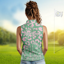 Load image into Gallery viewer, Womens Golf Leopard Pattern Golf Sleeveless Polo Shirts Custom Green Pink Golf Clubs Attire, Golf Upf Shirts NYN3000