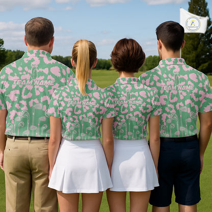 Mens Leopard Pattern Golf Polo Shirts Custom Green Pink Golf Clubs Pattern Attire, Golf Upf Shirts NYN3000