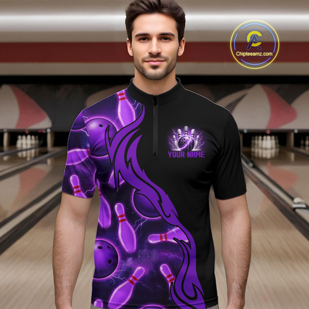 Purple Thunder Custom Mens Bowling Ball & Pin Shirts, Bowling Team Jerseys For Bowlers NYN3418