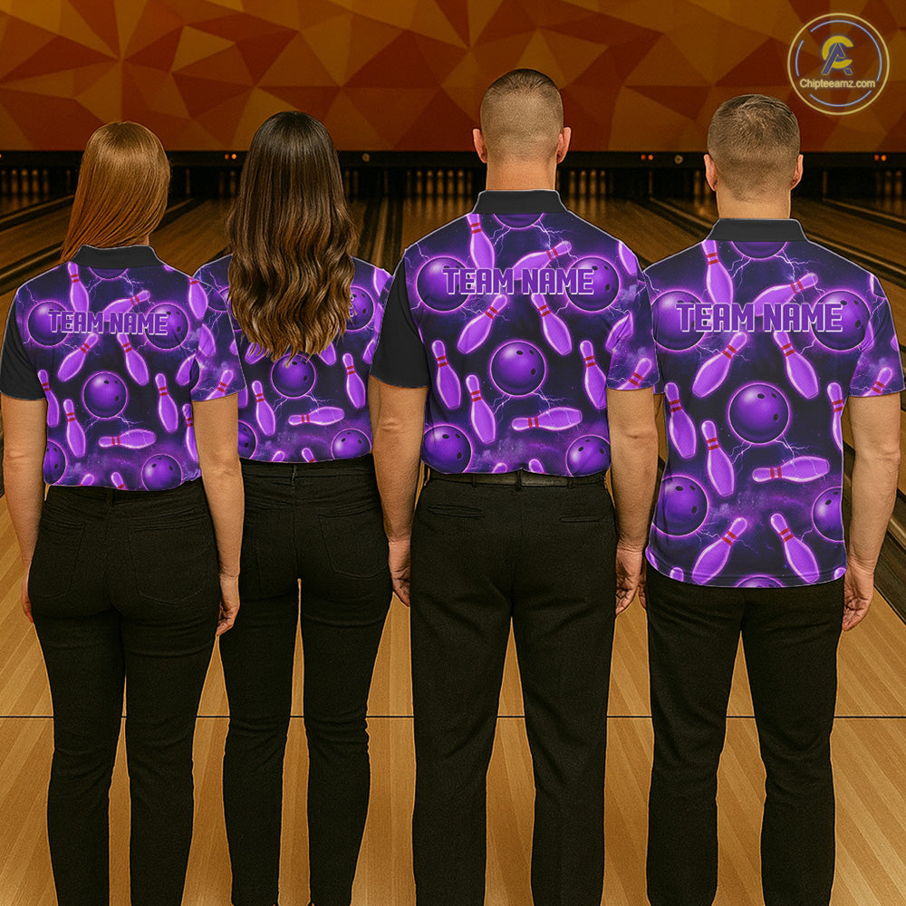 Purple Thunder Custom Mens Bowling Ball & Pin Shirts, Bowling Team Jerseys For Bowlers NYN3418