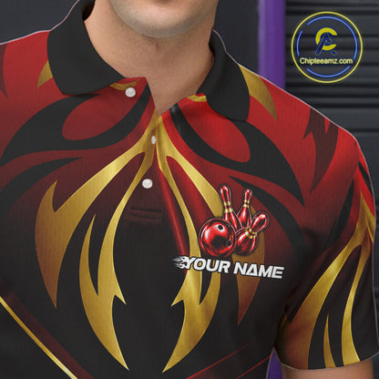Male bowler wearing red gold lightning bowling jersey during tournament finals, premium sportswear for motorsport fans, symbolizing speed, courage and leadership.