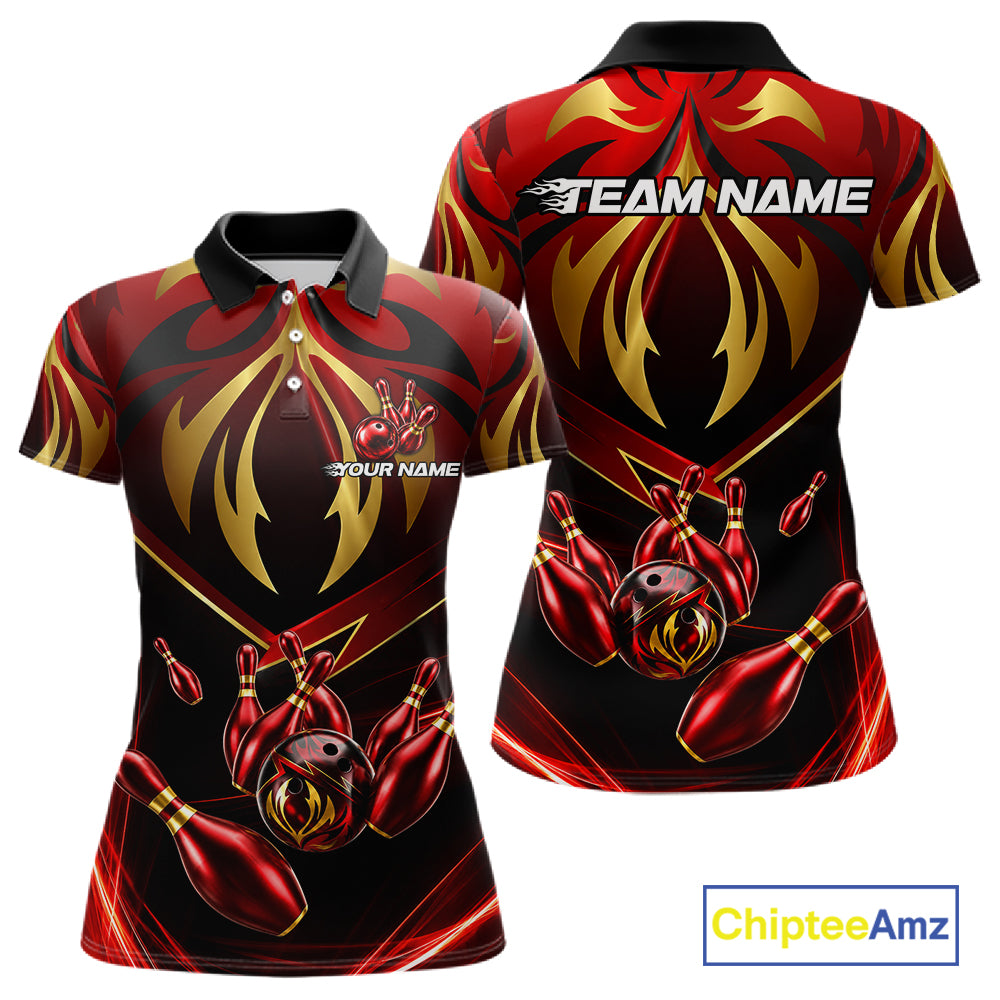 Women's bowling polo featuring red and gold lightning strike graphics with bowling ball, personalized performance apparel for lightning lovers, motorsport fans and tournament bowlers, symbolizing speed, power, momentum and victory.