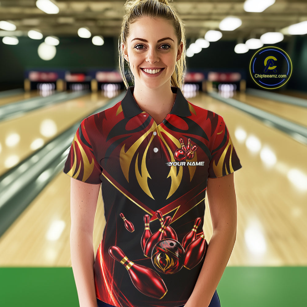 Female bowler wearing red gold lightning bowling jersey during tournament competition, personalized athletic apparel symbolizing confidence, determination and success.