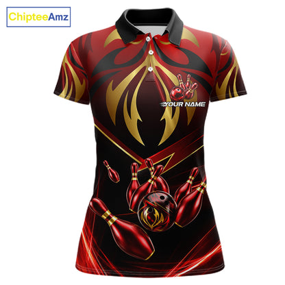 Women's bowling polo featuring red and gold lightning strike graphics with bowling ball, personalized performance apparel for lightning lovers, motorsport fans and tournament bowlers, symbolizing speed, power, momentum and victory.