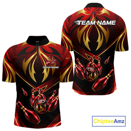 Men's quarter-zip bowling jersey featuring explosive red and gold lightning artwork, breathable tournament apparel symbolizing competitive spirit, ambition and fearless performance.
