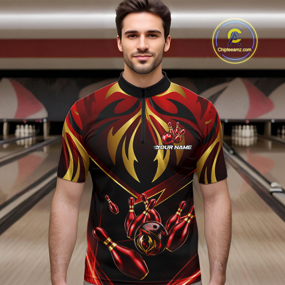 Male bowler wearing red gold lightning bowling jersey during tournament finals, premium sportswear for motorsport fans, symbolizing speed, courage and leadership.