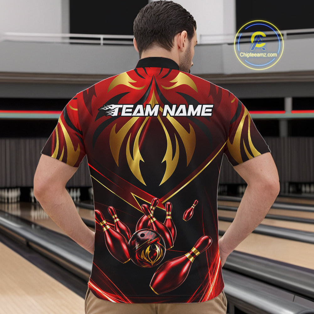 Male bowler wearing red gold lightning bowling jersey during tournament finals, premium sportswear for motorsport fans, symbolizing speed, courage and leadership.